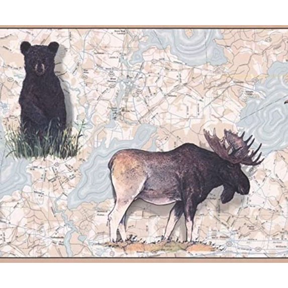 Concord Wallcoverings Wallpaper Border Animals Pattern Fish Duck Bear Deer on Map for Cottage, Beige Blue White Brown Black, 9.25 Inches by 15 Feet FS4956B