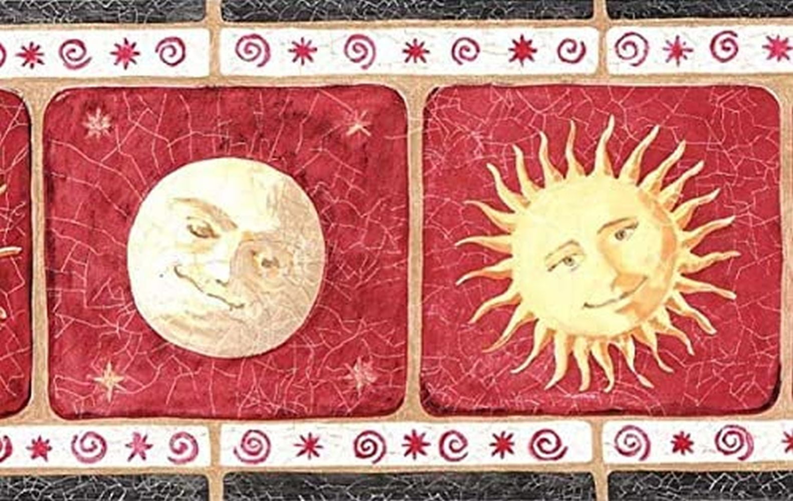 Concord Wallcoverings Wallpaper Border Astrology Pattern Smiling Moon Sun for Kids Room Bedroom, Red Brown Beige White Black, 7 Inches by 15 Feet KW7774B