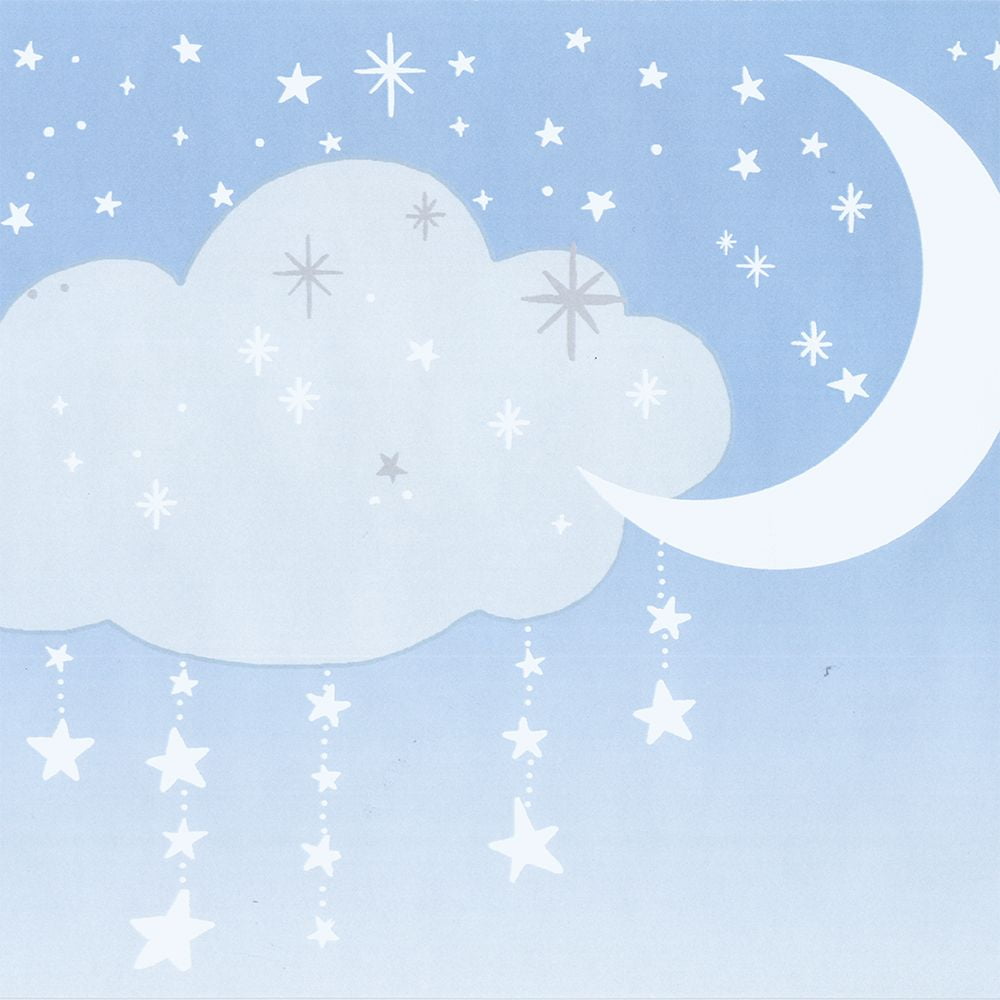 Concord Wallcoverings Wallpaper Border Blue Night Sky Light Blue Clouds White Stars, Colors Blue White Gold, Size 9 Inches by 15 Feet LK8255BD