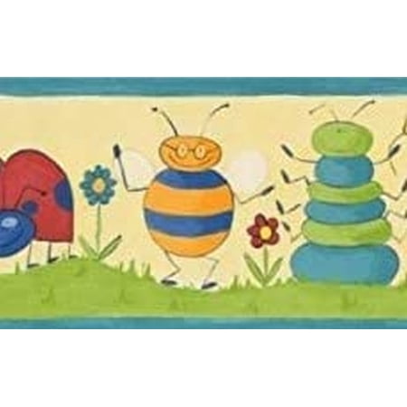 Concord Wallcoverings Wallpaper Border Cartoon Pattern Bugs Flowers Grass for Baby Boy Nursery Room Daycare Playroom, Green Blue Red Yellow Orange, 7 Inches by 15 Feet GR73511