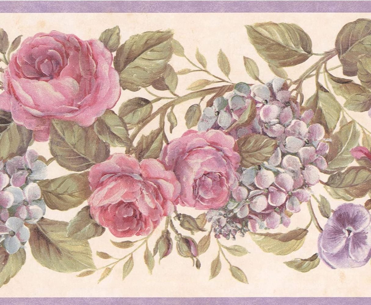 Concord Wallcoverings Wallpaper Border Floral Pattern Flowers Leaves for Bedroom Living Room, Pink Purple Green Beige, 6.75 Inches by 15 Feet GU92103B