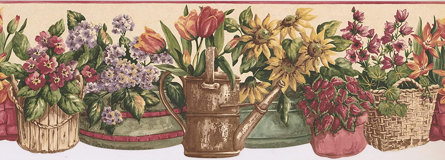 Concord Wallcoverings Wallpaper Border Floral Pattern Flowers Leaves Flower Pots, Die Cut Edge for Cottage Kitchen Dining Room, Beige Brown Green Red, 15 Feet by 7 Inches KT77927DC