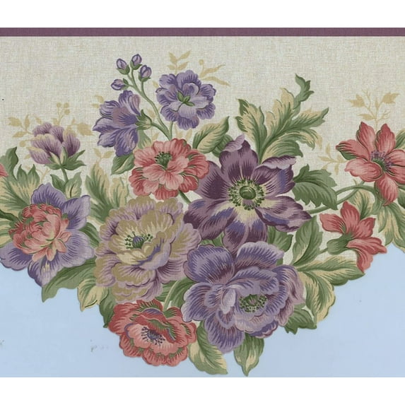 Concord Wallcoverings Wallpaper Border Floral Pattern Flowers Leaves for Living Room, Purple Green Red Pink Cream, 10 Inches by 15 Feet 5806432