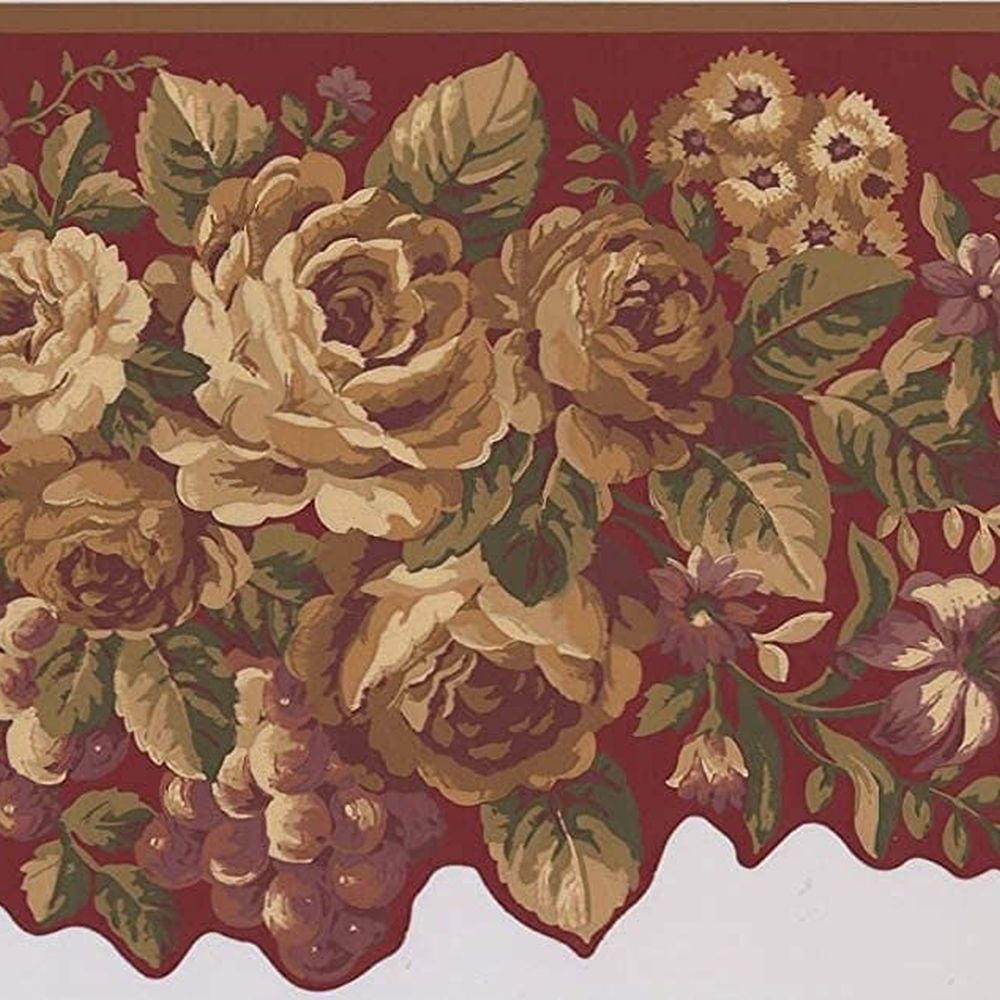 Concord Wallcoverings Wallpaper Border Floral Pattern Peony Daisies Grapes for Living Room Bedroom, Wine Red Green Cream Brown, 10 Inches by 15 Feet AU5113B