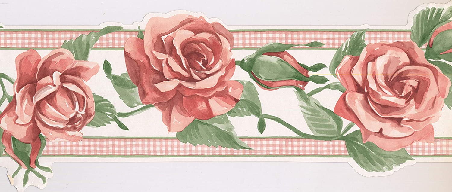 Concord Wallcoverings Wallpaper Border Floral Pattern Roses Flowers Leaves for Bedroom Living Room Cottage, Pink Green Cream, 15 Feet by 8.25 Inches IG75174B