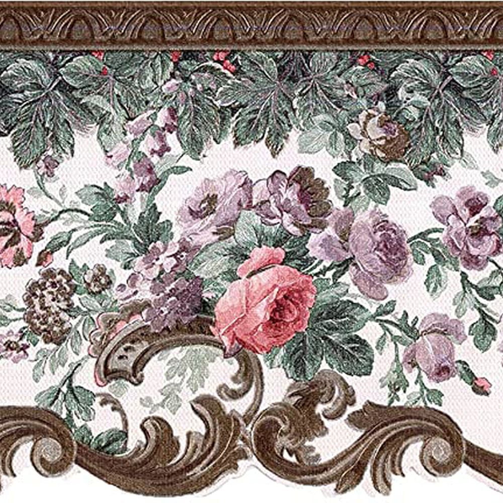 Concord Wallcoverings Wallpaper Border Floral Pattern Roses Leaves and Curls Ideal for Dining Room and Kitchen, Pink Gold Green White, 6.75 in x 15 Ft 87954DC