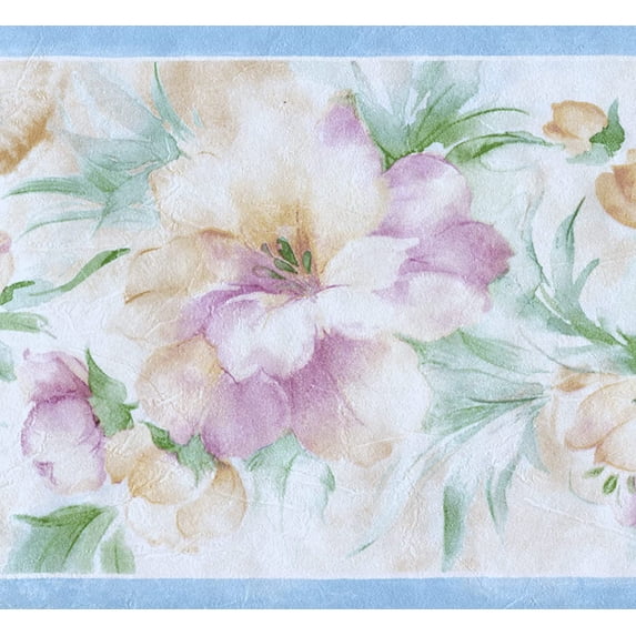 Concord Wallcoverings Wallpaper Border Floral Peonies Flowers Leaves for Kitchen Dining Area Cottage Farmhouse Living Room Bedroom, Pink Blue Green Beige, 5.25 Inches by 15 Feet SA75766