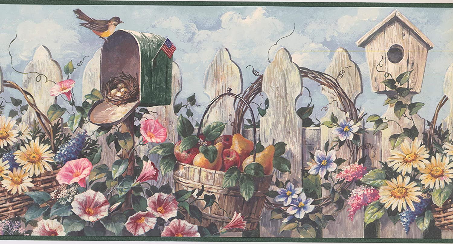 Concord Wallcoverings Wallpaper Border Garden Pattern Fence Flowers Fruits Birds for Cottage Kitchen Dining Room Living Room, Brown Green Blue Pink Yellow, 15 Feet by 10.25 Inches CUP3322