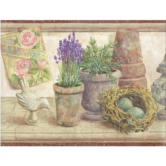 Concord Wallcoverings Wallpaper Border Garden Pattern Plants Flowers Pots Nest Bird Figurines for Cottage Farmhouse, Brown Beige Green Pink Purple, 8.25 Inches by 15 Feet DW95052B