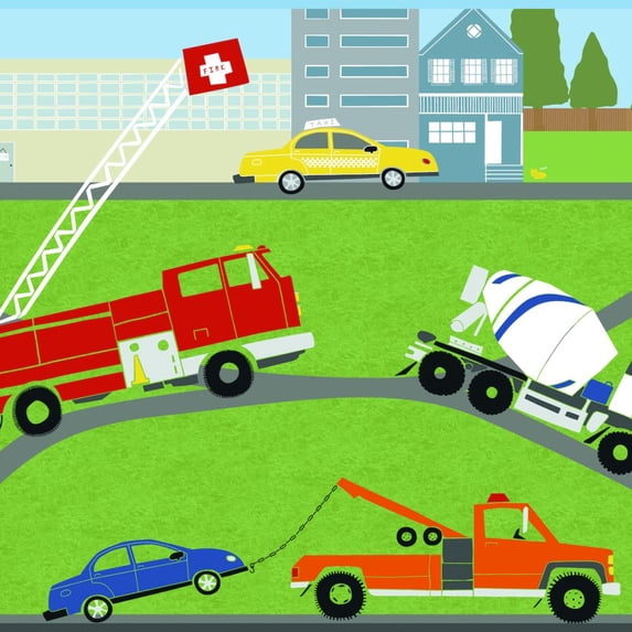 Concord Wallcoverings Wallpaper Border Kids Pattern City Buildings School Buses Truck Ambulance Taxi Motorcycle Pond Ducks for Boys Bedroom, Green Orange Red Yellow Blue, 18 Inches by 15 Feet LK8210BD