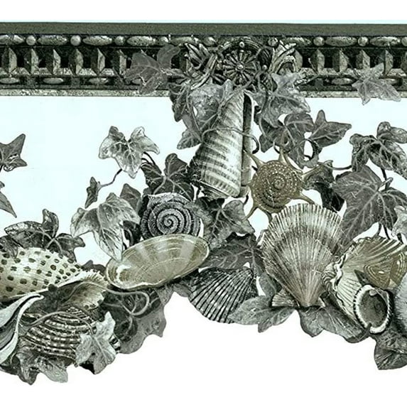 Concord Wallcoverings Wallpaper Border Nautical Pattern Seashells Leaves for Bathroom Beach House Hotel Cottage, White Green Grey, 8.5 Inches for 15 Feet 682122