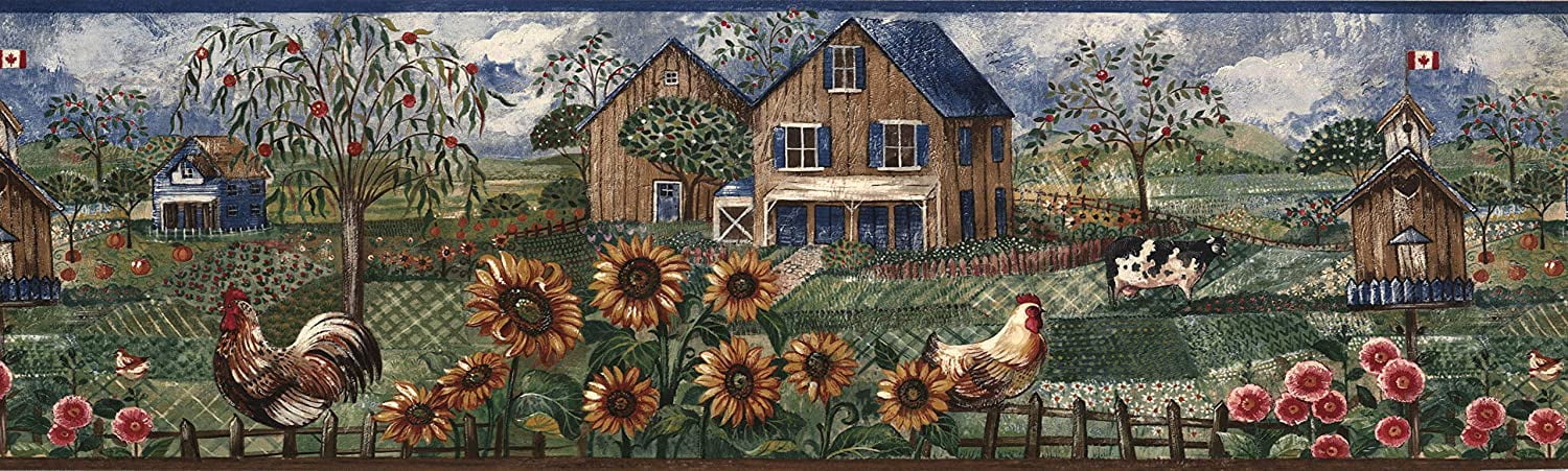 Concord Wallcoverings Wallpaper Border Patriotic Pattern The US Flags Birds Fruits for Cottage Kitchen Dining Room, Brown Beige Green Blue Red, 15 Feet by 9.2 Inches HF8518B
