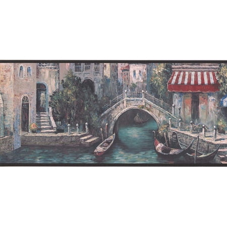 Concord Wallcoverings Wallpaper Border Places Pattern Venice Canal Buildings for Living Room, Red White Grey Blue Beige, 9.25 Inches by 15 Feet DB3690B