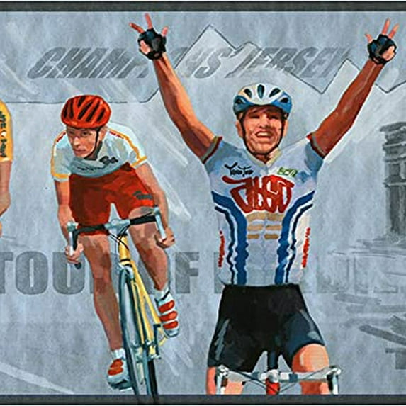 Concord Wallcoverings Wallpaper Border Sports Pattern Bicycle Race Paris for Kids Room Gym, Grey Blue Green, 9 in x 15 Ft, IN2622B