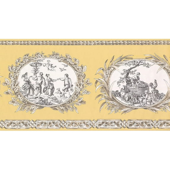 Concord Wallcoverings Wallpaper Border Vintage Pattern People Birds Plants for Cottage Bedroom Living Room, Beige Yellow, 15 Feet by 10.5 Inches CH77650