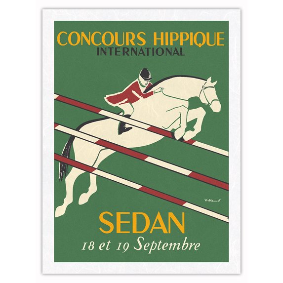 Concours Hippique International Horse Equestrian Competition in Sedan - Vintage Sports Poster by Bernard Villemot c.1954 - Japanese Unryu Rice Paper Art Print 24 x 32 in