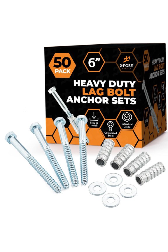 Concrete Anchors Set with 6" Lag Bolt, Lag Shield and Washer - 50 Sets per Pack - 1/2" Bolt Lag Screws 6-Inch for Parking Curb Stop - Galvanized Steel Lag Bolts