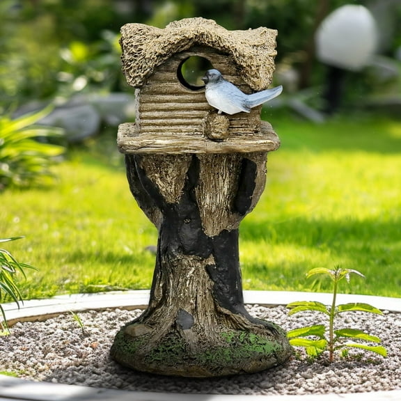 Concrete Bird House with Pedestal - Outdoor Concrete Bird House for Patio Backyard Patio Backyard Outdoor Garden Outside Decoration