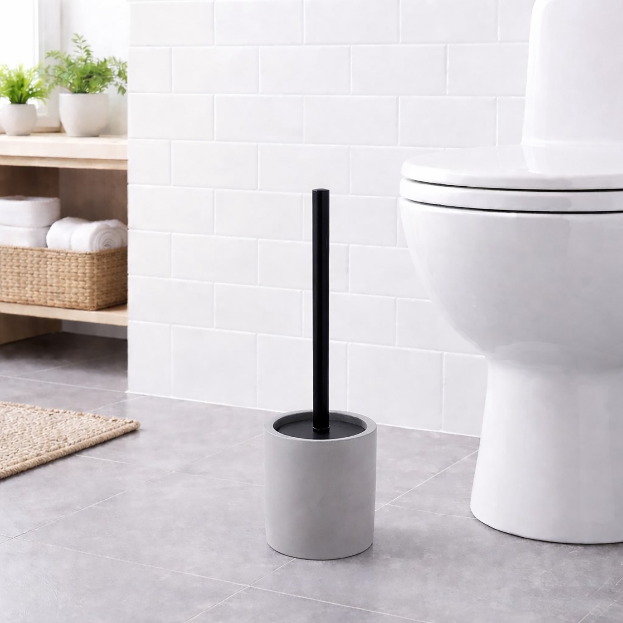 Concrete Cement Toilet Bowl Brush with Holder, Durable Bathroom Accessory Set, Gray