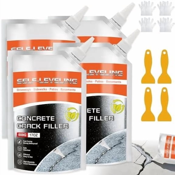 Concrete Crack Filler 4 Pack, Self Leveling Cement Crack Sealant, High Elasticity Repair Caulk for Driveway, Patio, Walkway, Slab, Joint, Outdoor & Indoor - Quick Drying, Grey