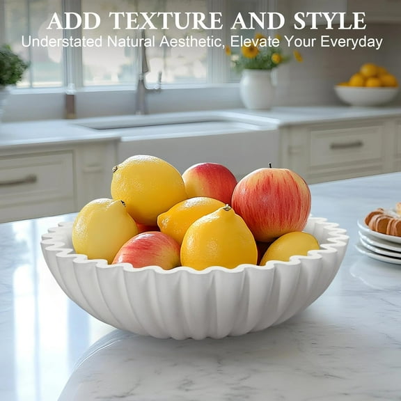 Concrete Decorative Bowl, White Fruit Bowl for Kitchen Counter, Modern Handicraft Coffee Table Key Bowl, Large Scalloped Ruffle Bowl for Entryway, Home Decor