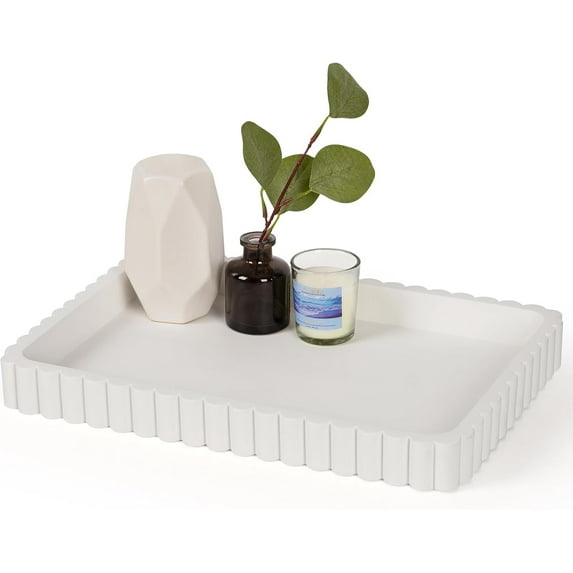 Concrete Decorative Tray for Coffee Table Decor, 14" Coffee Table Tray Ottoman Tray Table Centerpieces, Rectangular Modern Decorative Trays for Home Decor, Living Room, Entry, White