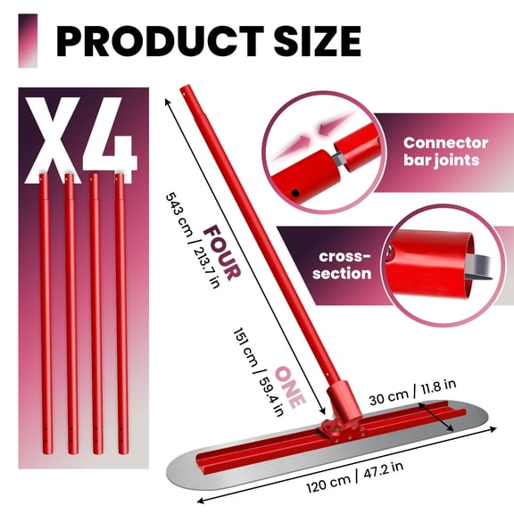 Concrete Float Red Stainless Steel Bull Float Concrete Float Set with Four 59.4in Extendable Handles Adjustable Angle Bracket, Concrete Float Tool for Patio Road Slab Construction Leveling
