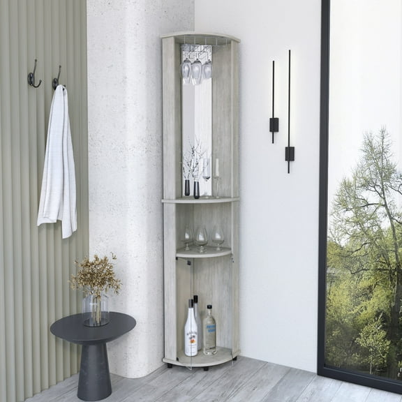 Concrete Gray Corner Bar Cabinet With Wine Glass Rack Function Cabinet, Combined And Lower