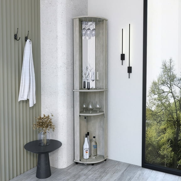 Concrete Gray Corner Bar Storage Cabinet With Wine Glass Rack And Lower Area Illumination