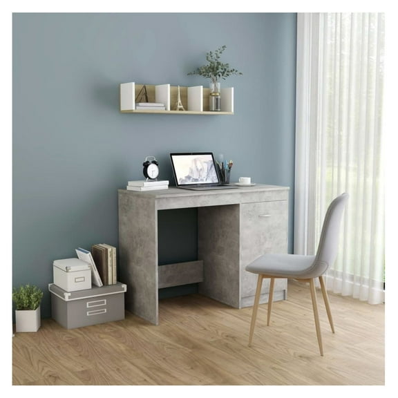 Concrete Gray Desk with Cabinet, 39.4"x19.7"x29.9" Engineered Wood Writing Desk - Modern Home Office Desk with Storage Grey
