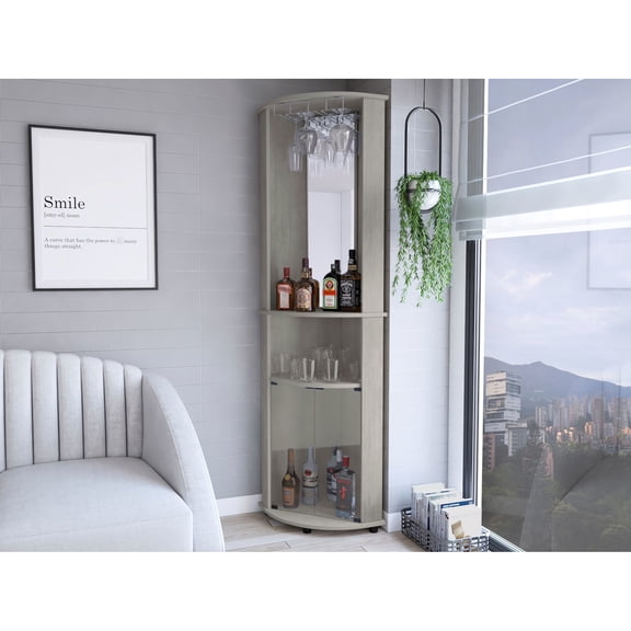 Concrete Gray Living Room Corner Bar Cabinet , 3 Shelf Space Saving Solution, Assembly Required Space In Gray, Utilization,