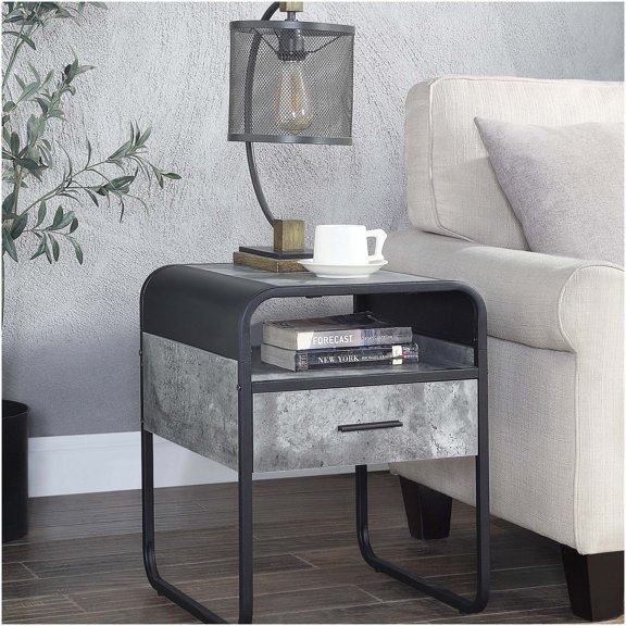 Concrete Gray and Black End Table with Drawer, Modern Side Table with Storage for Living Room, Bedroom