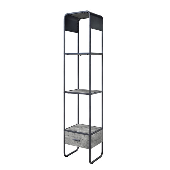 Concrete Grey Side Pier with Drawer - Modern 2-Shelf End Table - Living Room Storage - Black Metal Frame - Contemporary Accent Furniture