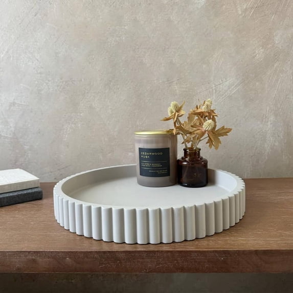 Concrete-Look Round Decorative Tray for Coffee Table, 12 in Resin Serving Platter, Modern Industrial Centerpiece for Candles, Keys, Plant Pots, Kitchen Counter, Living Room, Gift-Ready, A Tray