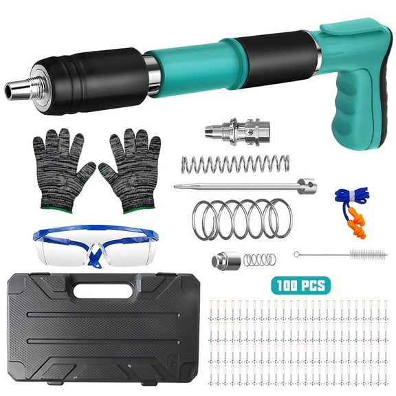 PEPWELL Double Muffler Concrete Nail Gun Kit - 5-Speed Adjustable, 100pcs Nails, 3mm Steel Penetration, Portable, Full Protective Gear for Home/Installation/Wall Hanging
