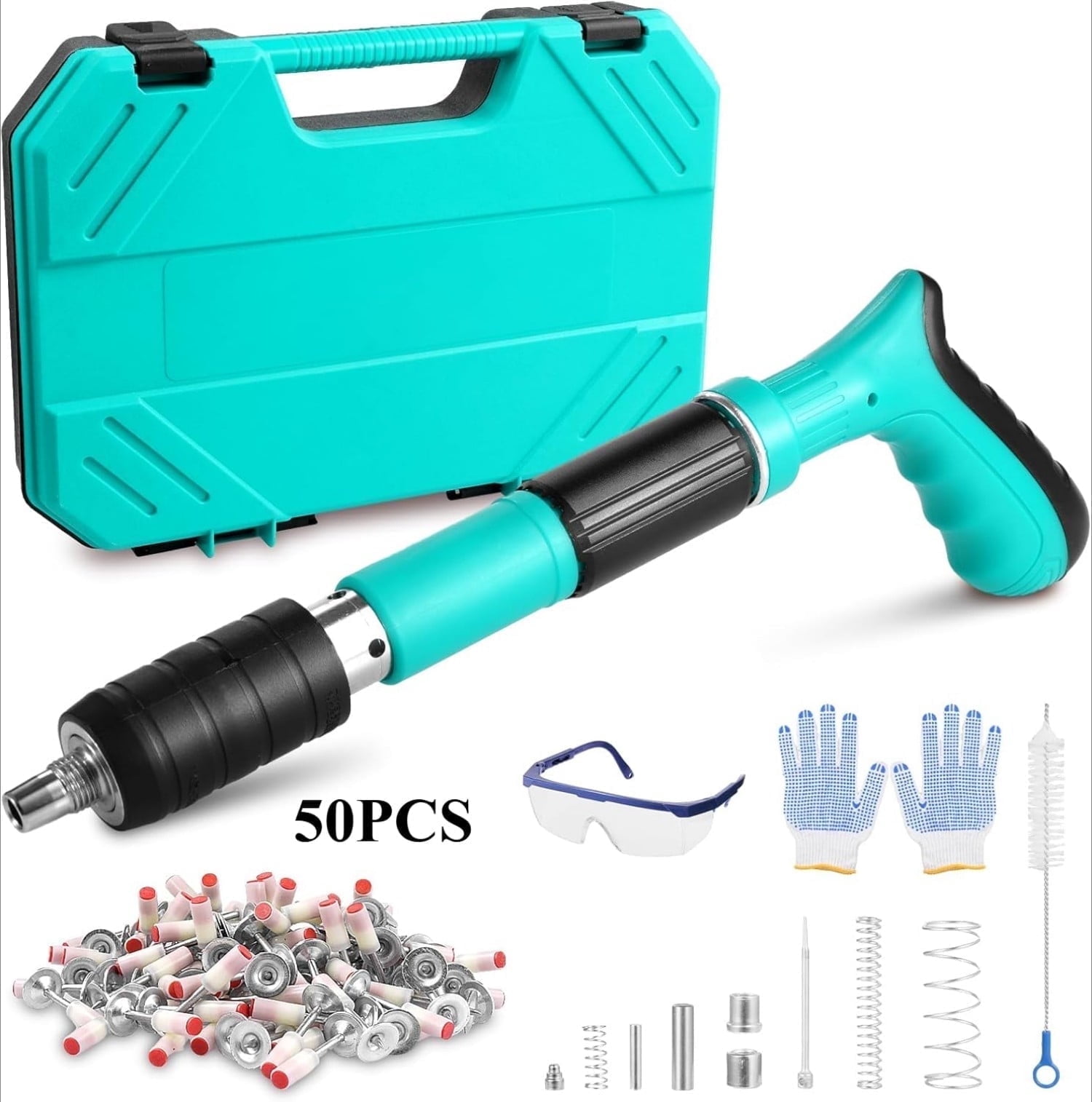 5-Gear Adjustable Concrete Nail Gun Kit, Manual Wall Fastening Tool with 50 Nails & Case