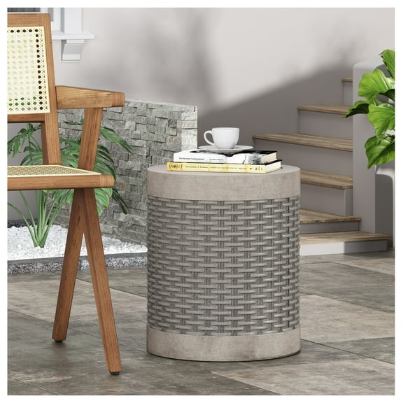 Concrete Outdoor Side Table, Round End Table Lightweight Modern