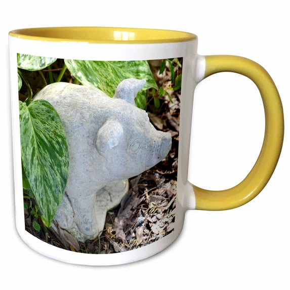 3drose, Concrete Pig Statue with Pothos Leaf Plant Porcine, 11oz Two-tone Yellow Mug