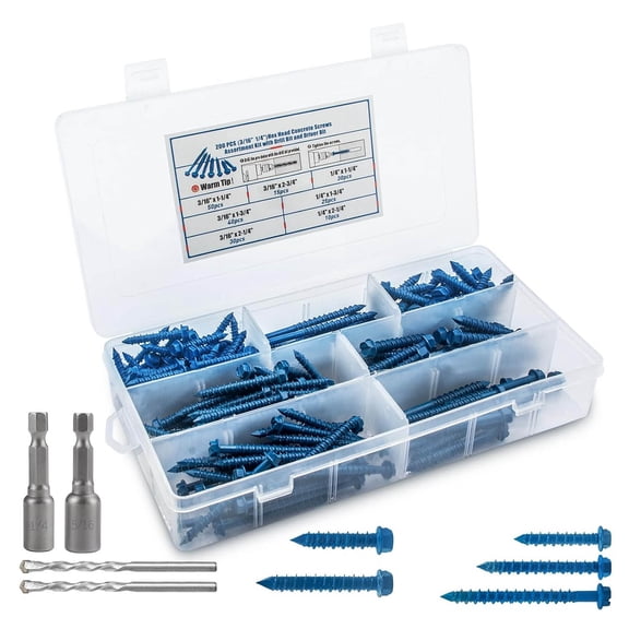 Concrete Screws with Drill Bit and Driver Bit, Hex Head Concrete Cement Screws Assortment Kit for Anchoring to Masonry, Block or Brick Stucco