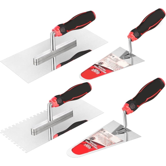 Concrete & Trowel Masonry Set - High Carbon Steel Plastering | Bricklaying Tools for Drywall Asphalt - Includes Flat & Notched Trowels & Brick Trowels with Soft Grip Handle