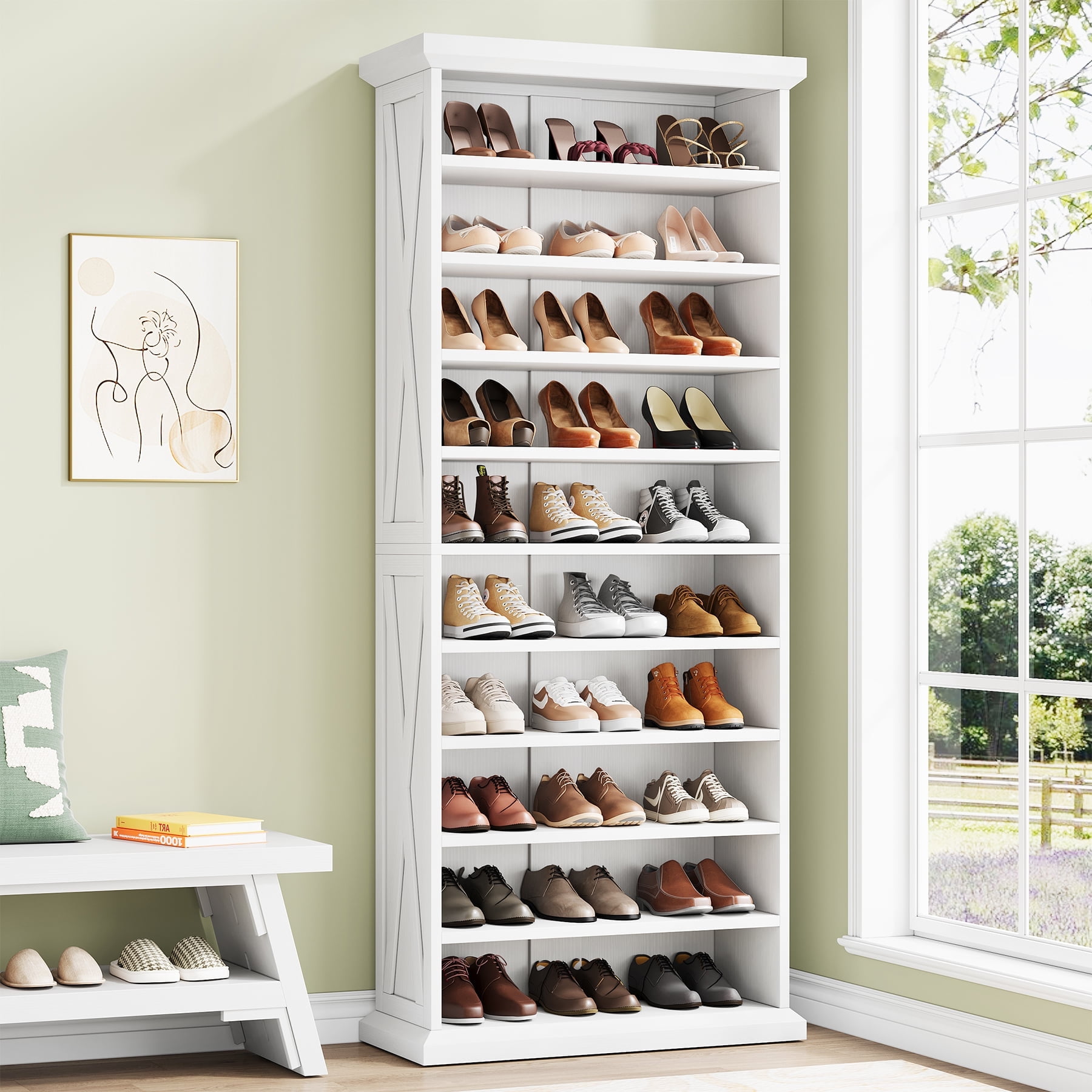 Condemo 10-Tier Shoe Storage Cabinet with 8 Adjustable Shelves, Farmhouse Shoe Rack, 71 inch Freestanding Tall Shoe Organizer for Closet, Entryway, Living Room, 30-40 Pairs, White
