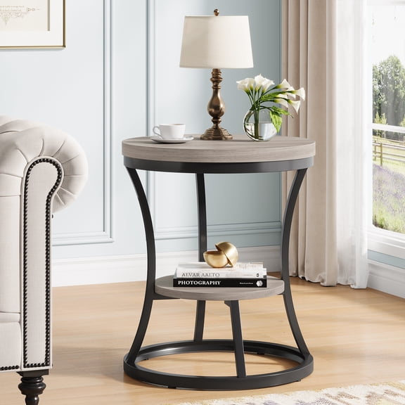 Condemo 2 Tier Industrial Round End Table, Accent Nightstand with Metal Frame for Living Room, Bedroom, Gray Brown & Black