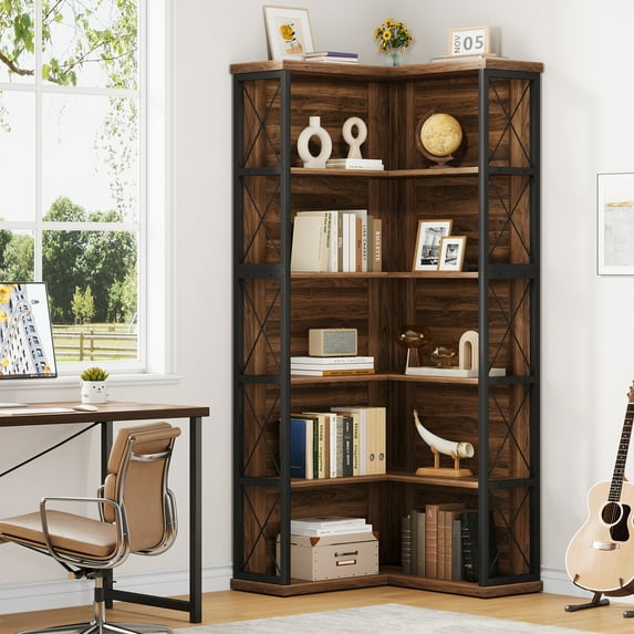 Condemo 5-Tier Corner Bookcase, Vintage Industrial L-Shaped Bookshelf, Large Tall Storage Shelves Display Rack with Metal Frame for Living Room, Home Office, Bedroom, Dark Walnut