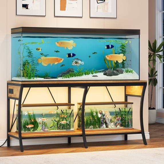 Condemo 55-90 Gallon Fish Tank Stand with Power Outlets, 2-Tier Aquarium Stand with LED Light Strip & Open Storage Shelves, Heavy Duty Metal Table for Reptile Tank, 1150 LBS Capacity