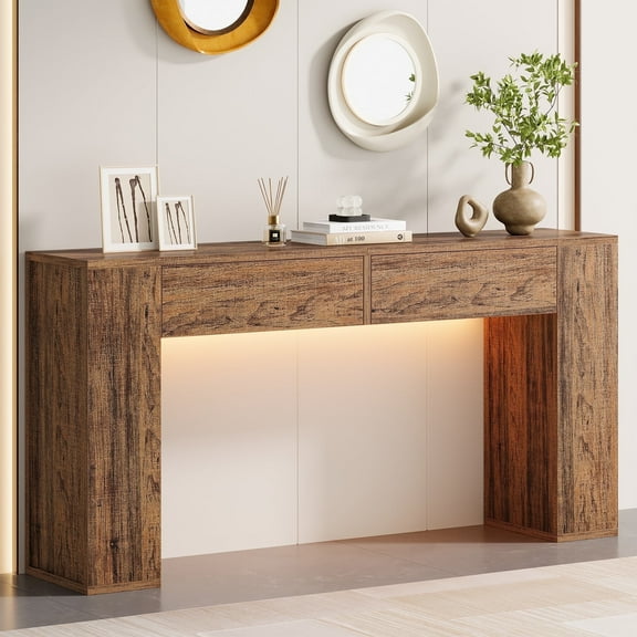 Condemo 55 inch Farmhouse Console Table with 2 Drawers and LED Light, Rustic Brown