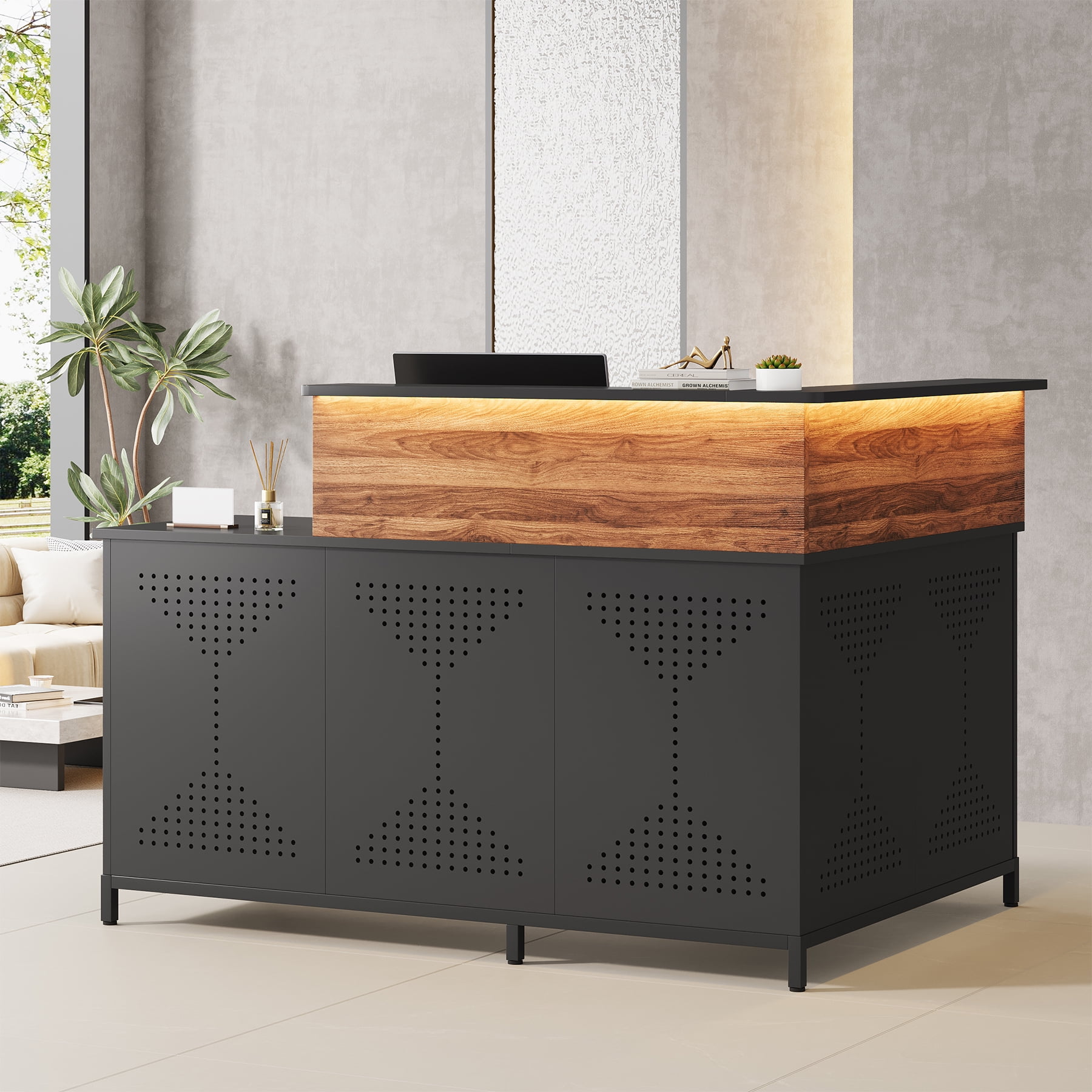 Condemo 60'' L-Shaped Reception Desk with LED Lights, Modern Front Desk, Checkout Counter Table for Office, Lobby, Cafe, Beauty Salon, Black and Walnut