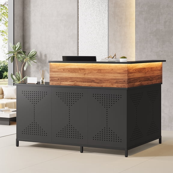 Condemo 60'' L-Shaped Reception Desk with LED Lights, Modern Front Desk, Checkout Counter Table for Office, Lobby, Cafe, Beauty Salon, Black and Walnut