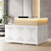 Condemo 60 L-Shaped Reception Desk with LED Lights, Modern Front Desk, Checkout Counter Table for Office, Lobby, Cafe, Beauty Salon, White and Light Brown