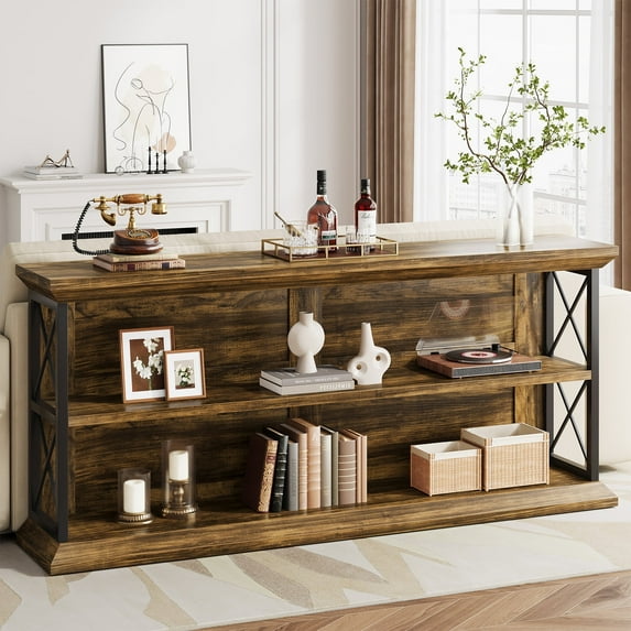 Condemo 63 Inch Extra Long Console Table, Entryway Table with 3-Tier Storage Shelves, Vintage Industrial Behind Couch Table with Metal Frame, Entry Table for Living Room Hallway, Brown and Black