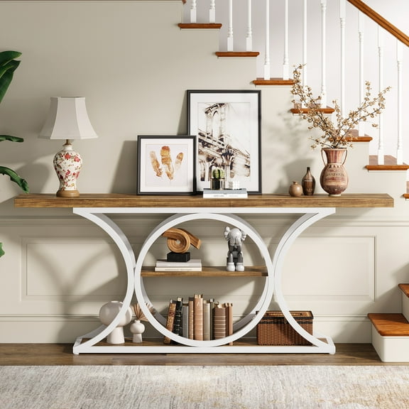 Condemo 63 inch Extra Long Sofa Table Behind Couch, Rustic Industrial Entry Console Table, 3 Tier Storage Shelves with Black Metal Frame for Hallway, Entryway & Living Room, Brown and White